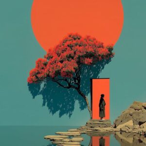 Surreal digital artwork featuring a large orange sun against a teal sky, a red-leafed tree leaning over calm water, stepping stones leading to a glowing orange doorway with a silhouetted figure standing inside, reflections visible in the water below