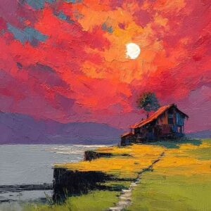 Impressionistic painting of a dramatic sunset with vibrant pink, orange, and red sky, a bright white sun, silhouetted house on the right, yellow-green pathway in the foreground, and calm water on the left side