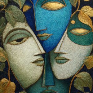 Artistic painting featuring overlapping stylized faces in blue, white, and teal tones surrounded by green and golden leaves, with closed eyes and serene expressions in a cubist-inspired style