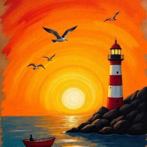 Painting of a red and white striped lighthouse on rocky shore at sunset with vibrant orange and red circular sky patterns, seagulls flying overhead, and a small red boat with a person on calm blue water with golden reflections