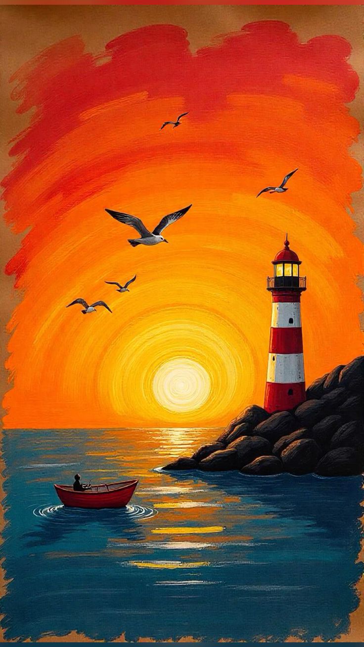 Painting of a red and white striped lighthouse on rocky shore at sunset with vibrant orange and red circular sky patterns, seagulls flying overhead, and a small red boat with a person on calm blue water with golden reflections