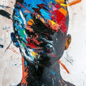 Abstract expressionist portrait featuring a dark silhouette of a head and shoulders with vibrant splashes of blue, red, orange, yellow, and white paint applied with bold expressive brushstrokes against a neutral beige background