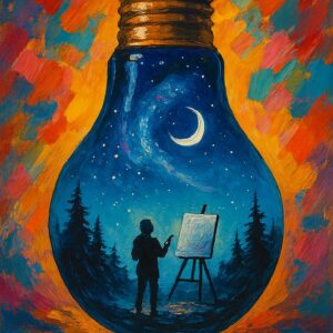 Vibrant painting of a large lightbulb containing a night scene with a silhouetted artist painting at an easel under a crescent moon and stars, surrounded by pine trees, set against a colorful abstract background of orange, red, and blue brushstrokes