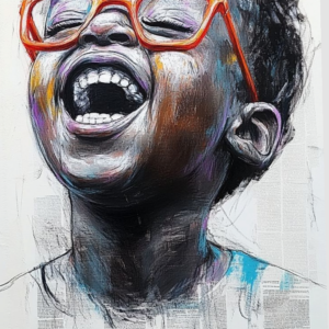Mixed media portrait of a young Black child laughing heartily with head tilted back, wearing bright red glasses, painted with vibrant colors over a background of printed text