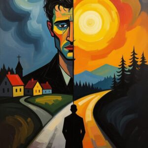 Surrealist painting divided in half showing a man's face split between dark blue night scene with crescent moon and village on the left, and bright orange sun with forest on the right, with a silhouetted figure standing at the crossroads where two roads meet below
