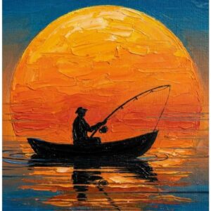 Silhouette of a fisherman in a small boat holding a fishing rod against a large textured orange and yellow sun setting over calm water with blue sky above, reflections visible on the water surface