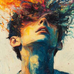 Expressive painterly portrait of a young person with head tilted back and eyes closed, face and neck rendered in vibrant blues and teals with warm orange and yellow tones, surrounded by swirling clouds of fiery orange, yellow, and dark colors creating a dynamic emotional atmosphere