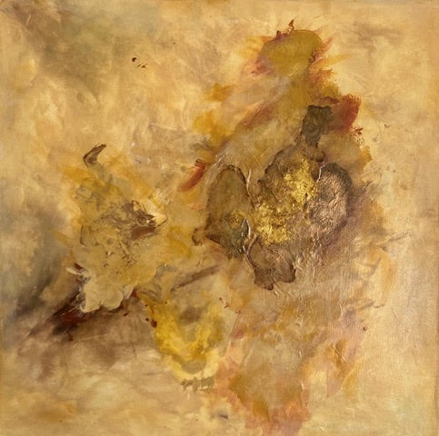 Abstract painting with soft blended tones of beige, cream, yellow, and brown with hints of gold leaf, featuring organic flowing forms and textured brushwork creating an ethereal atmospheric composition